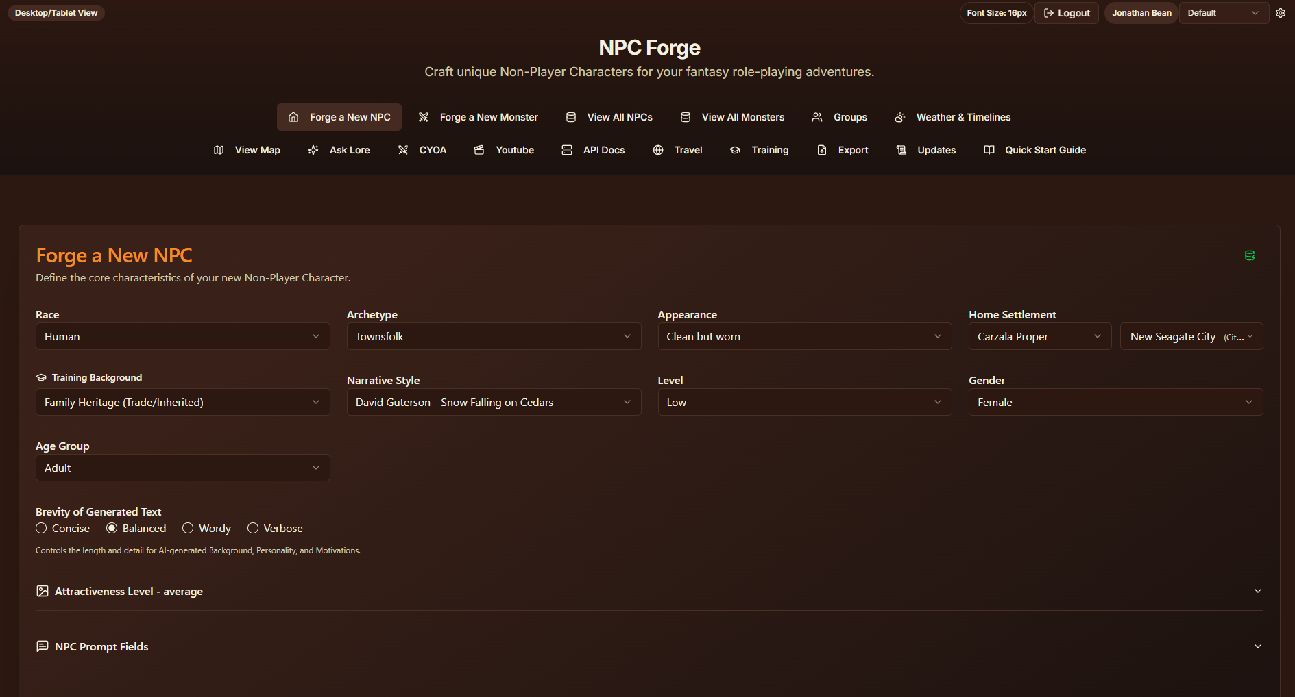 NPC Forge interface for creating a new non-player character.