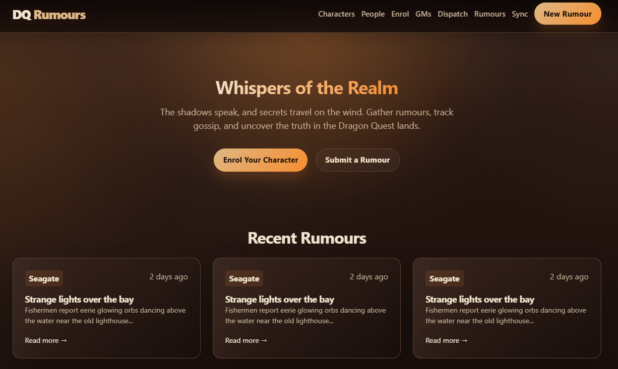 DQ Rumours page showing recent in-world rumours and character enrolment.
